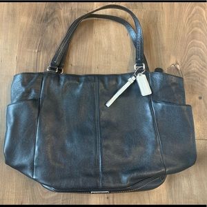 Black Coach pebbled leather large shoulder bag with teal satin interior